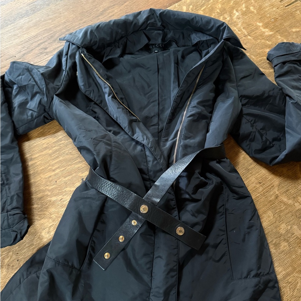 Gucci Black Trench Coat with Belted Waist and Hood